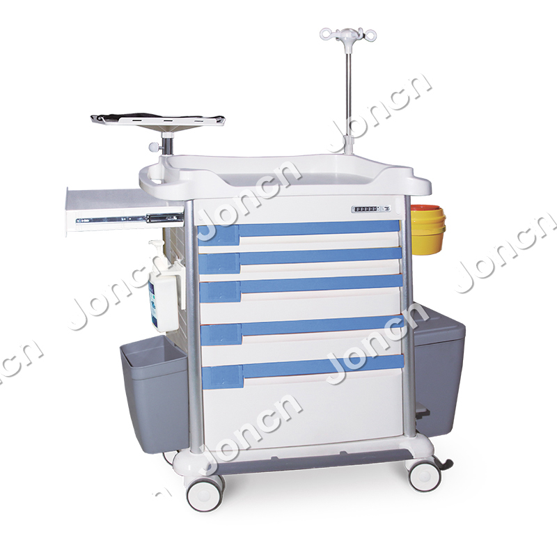 ET-850J81A8-LS meubles de clinique d'hôpital médical en plastique métal acier 5 tiroirs chariot de secours d'urgence avec tiroir